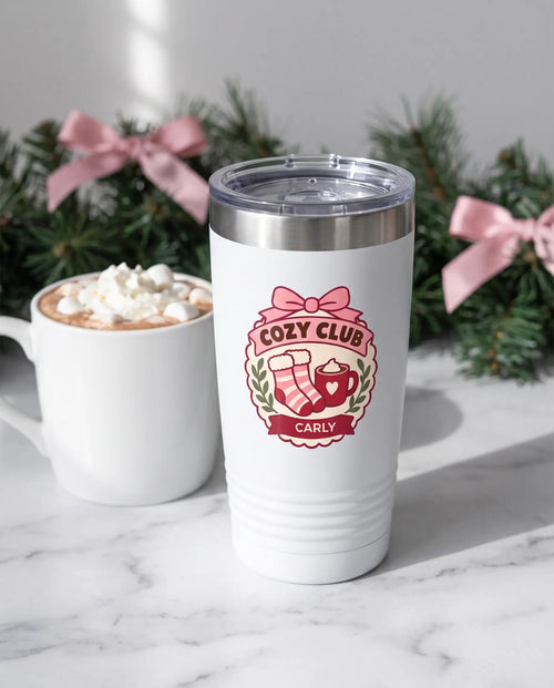Cozy Club Badge on a white 20oz Ringneck tumbler, UV printed by Karved