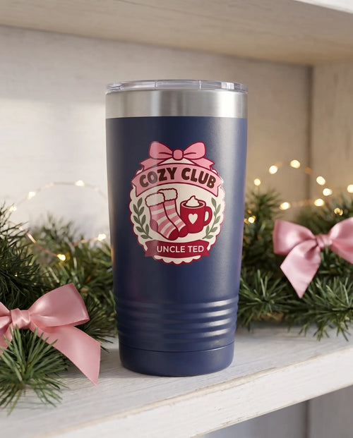 Cozy Club Badge on a navy 20oz Ringneck tumbler, UV printed by Karved