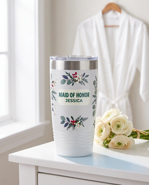 Winter Greenery Maid of Honor on a white 20oz Ringneck tumbler, UV printed by Karved
