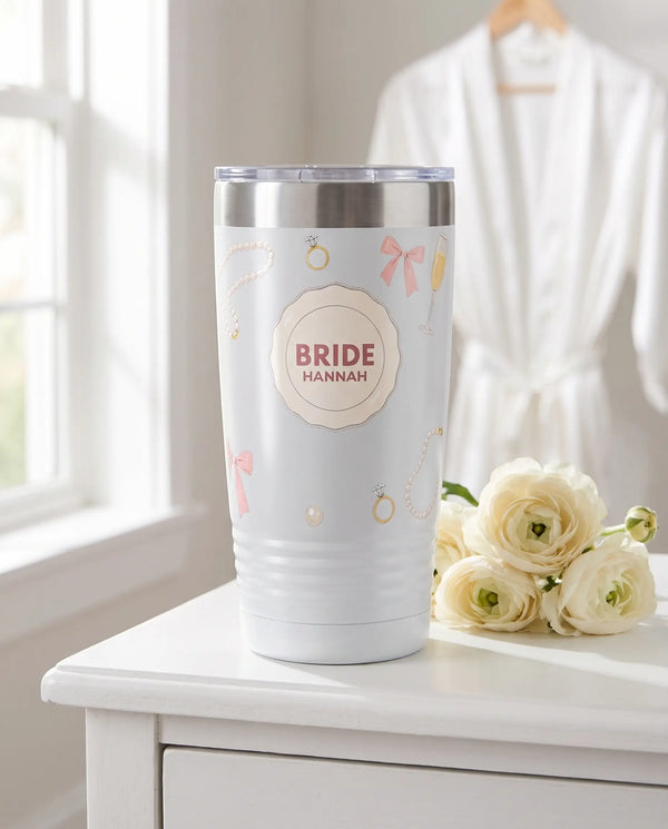 Pearls and Bows Bride on a white 20oz Ringneck tumbler, UV printed by Karved