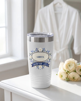 Frost Florals Said Yes on a white 20oz Ringneck tumbler, UV printed by Karved