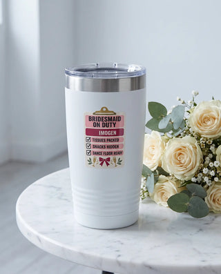 Bridesmaid on Duty Clipboard on a white 20oz Ringneck tumbler, UV printed by Karved