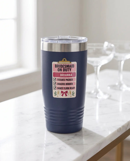 Bridesmaid on Duty Clipboard on a navy 20oz Ringneck tumbler, UV printed by Karved