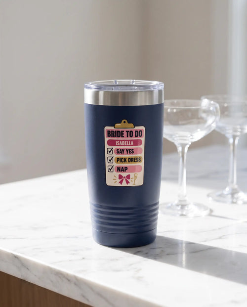 Bride To Do List on a navy 20oz Ringneck tumbler, UV printed by Karved