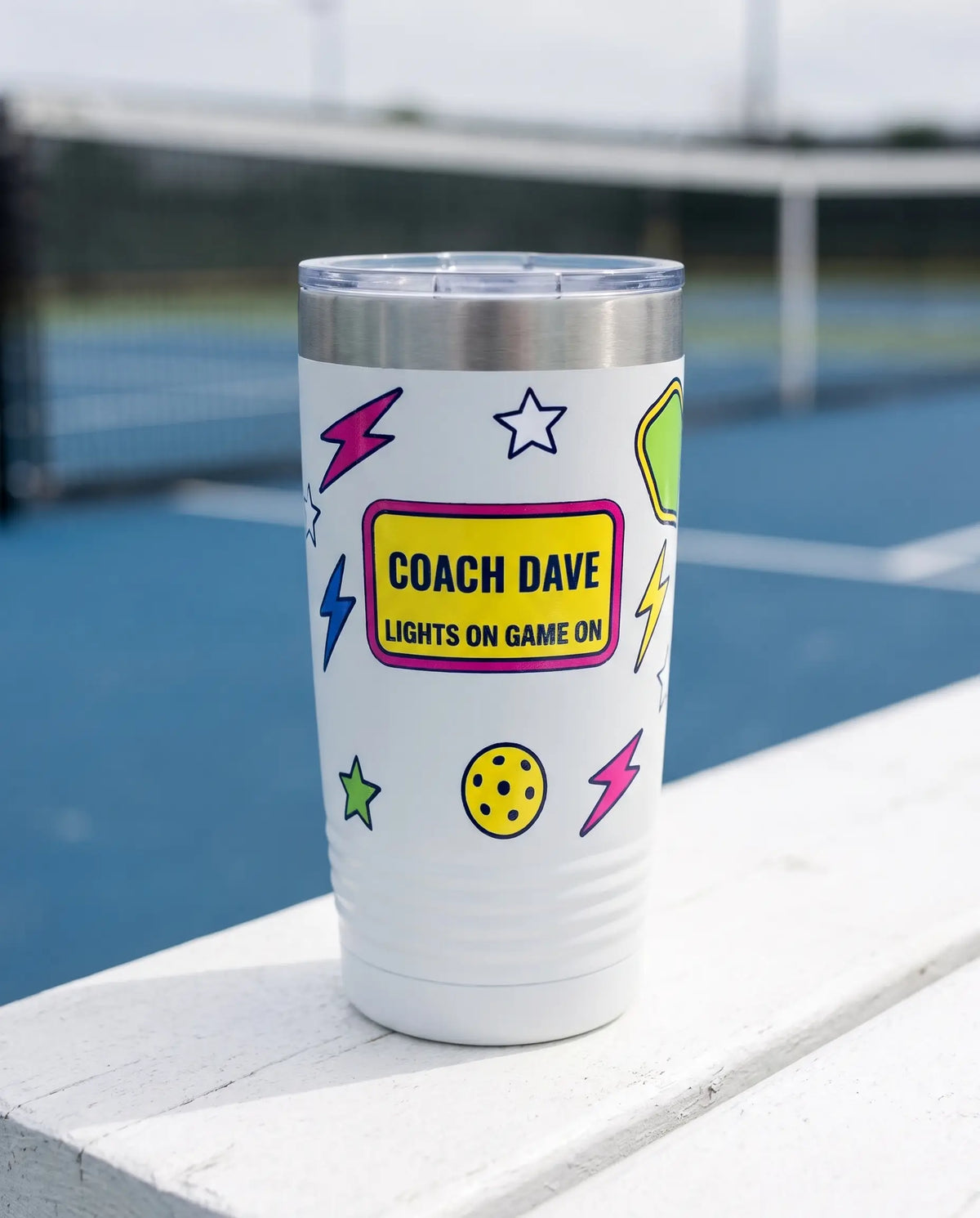 Neon Night League Wrap on a white 20oz Ringneck tumbler, UV printed by Karved