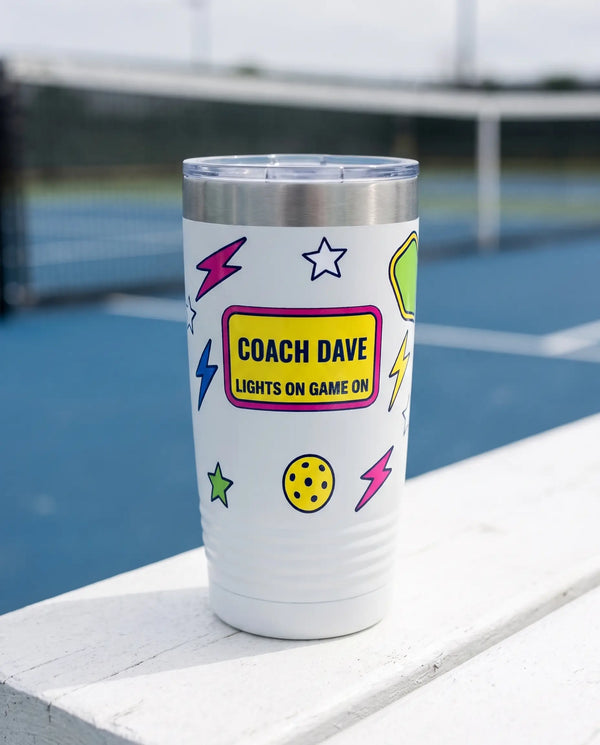 Neon Night League Wrap on a white 20oz Ringneck tumbler, UV printed by Karved