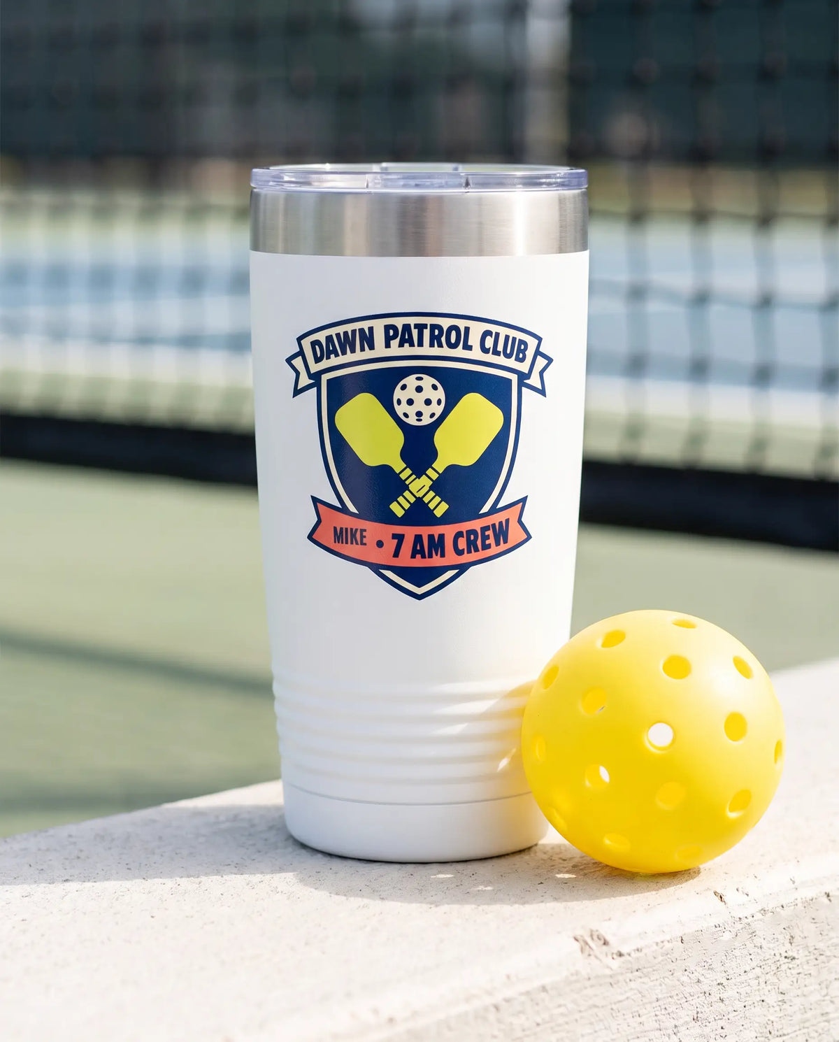 Dawn Patrol Crest on a white 20oz Ringneck tumbler, UV printed by Karved