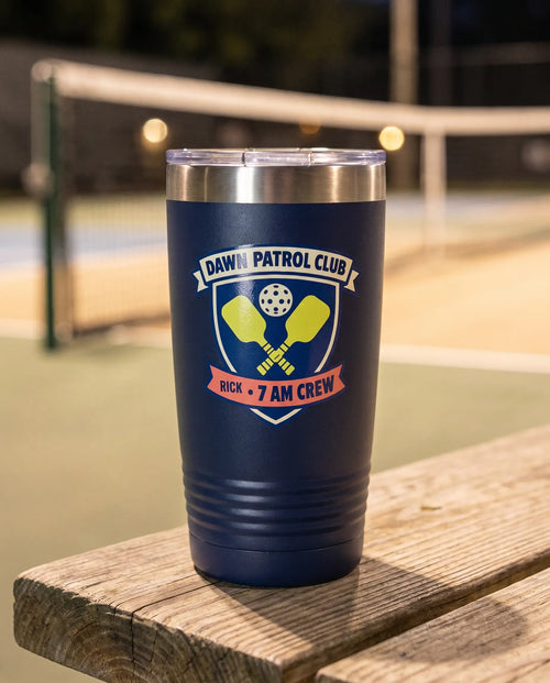Dawn Patrol Crest on a navy 20oz Ringneck tumbler, UV printed by Karved