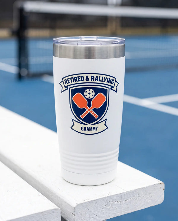 Retired and Rallying Crest on a white 20oz Ringneck tumbler, UV printed by Karved