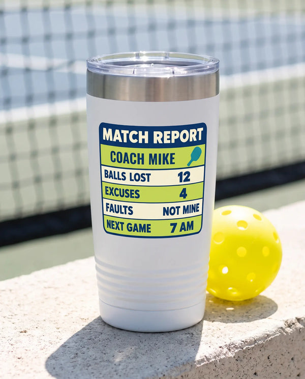 Match Report Scorecard on a white 20oz Ringneck tumbler, UV printed by Karved
