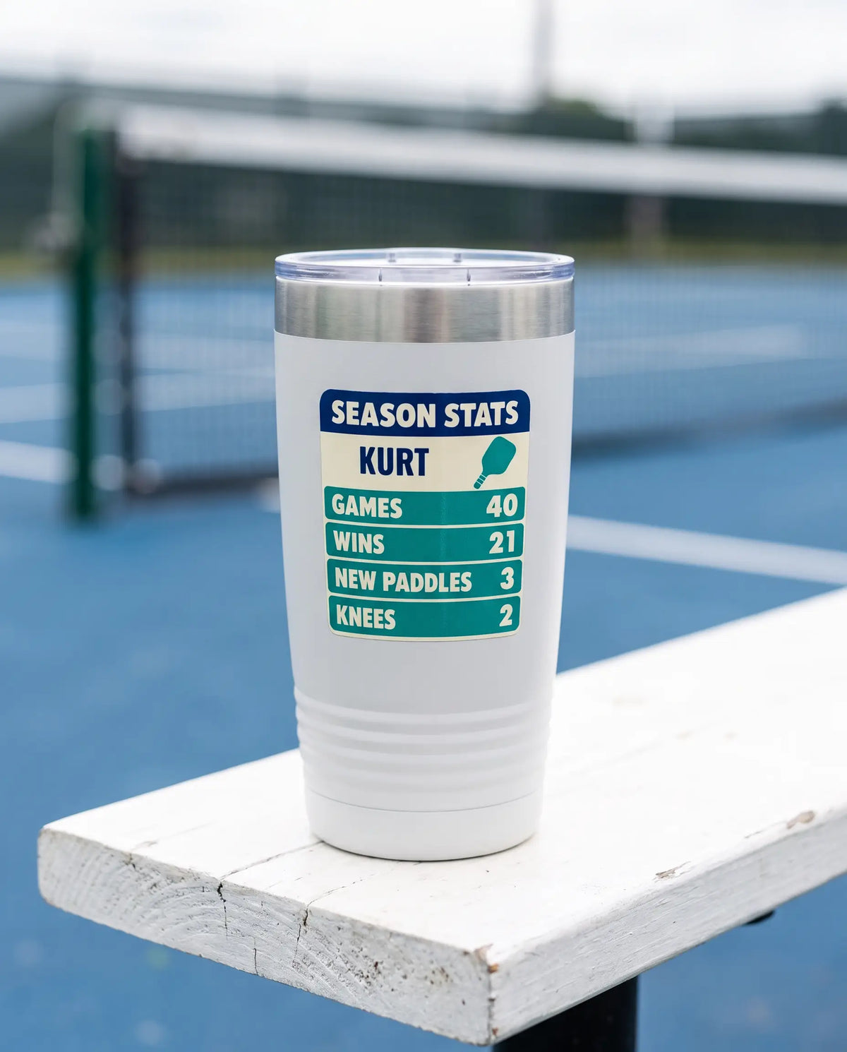 Season Stats Scorecard on a white 20oz Ringneck tumbler, UV printed by Karved