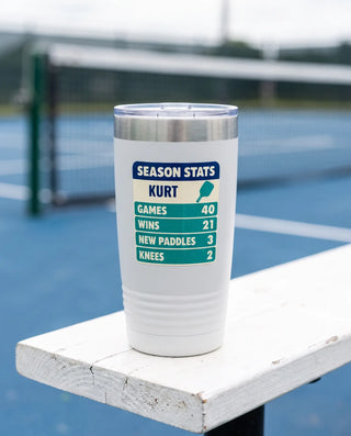 Season Stats Scorecard on a white 20oz Ringneck tumbler, UV printed by Karved