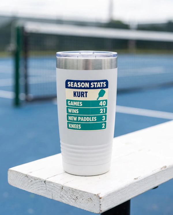 Season Stats Scorecard on a white 20oz Ringneck tumbler, UV printed by Karved