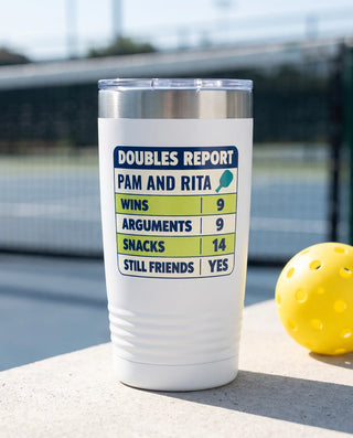 Doubles Report Scorecard on a white 20oz Ringneck tumbler, UV printed by Karved