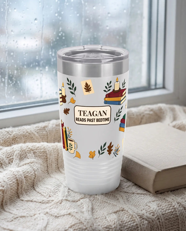 Reads Past Bedtime on a white 20oz Ringneck tumbler, UV printed by Karved