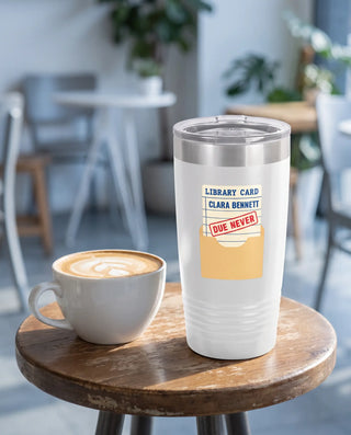 Due Never Library Card on a white 20oz Ringneck tumbler, UV printed by Karved