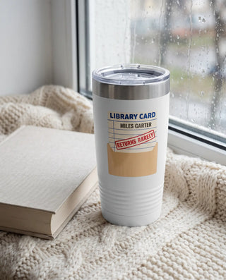 Returns Rarely Library Card on a white 20oz Ringneck tumbler, UV printed by Karved