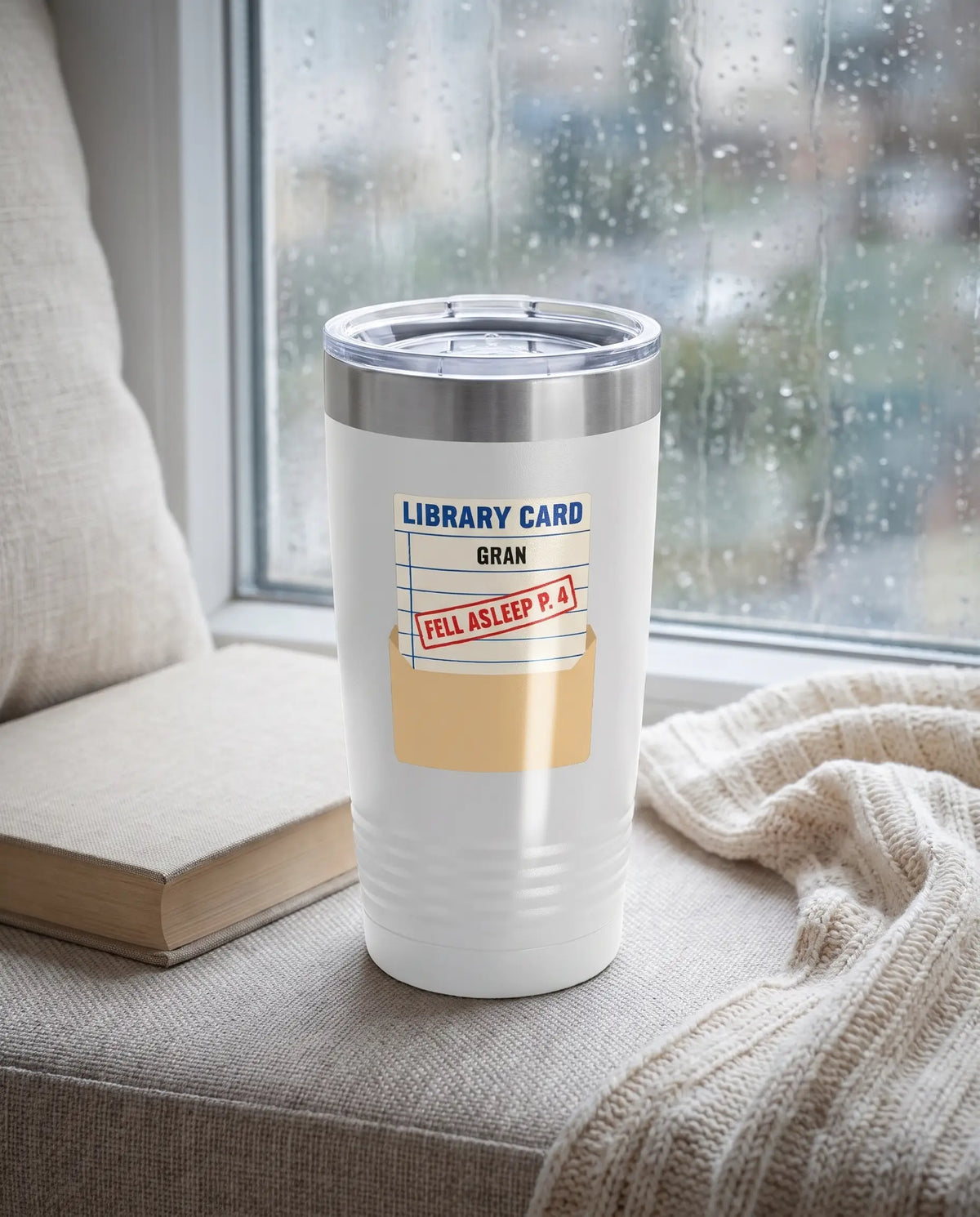 Fell Asleep Library Card on a white 20oz Ringneck tumbler, UV printed by Karved