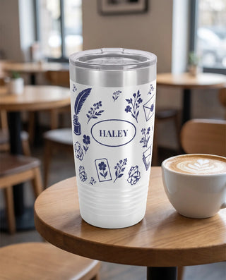 Ink and Quill Letters on a white 20oz Ringneck tumbler, UV printed by Karved