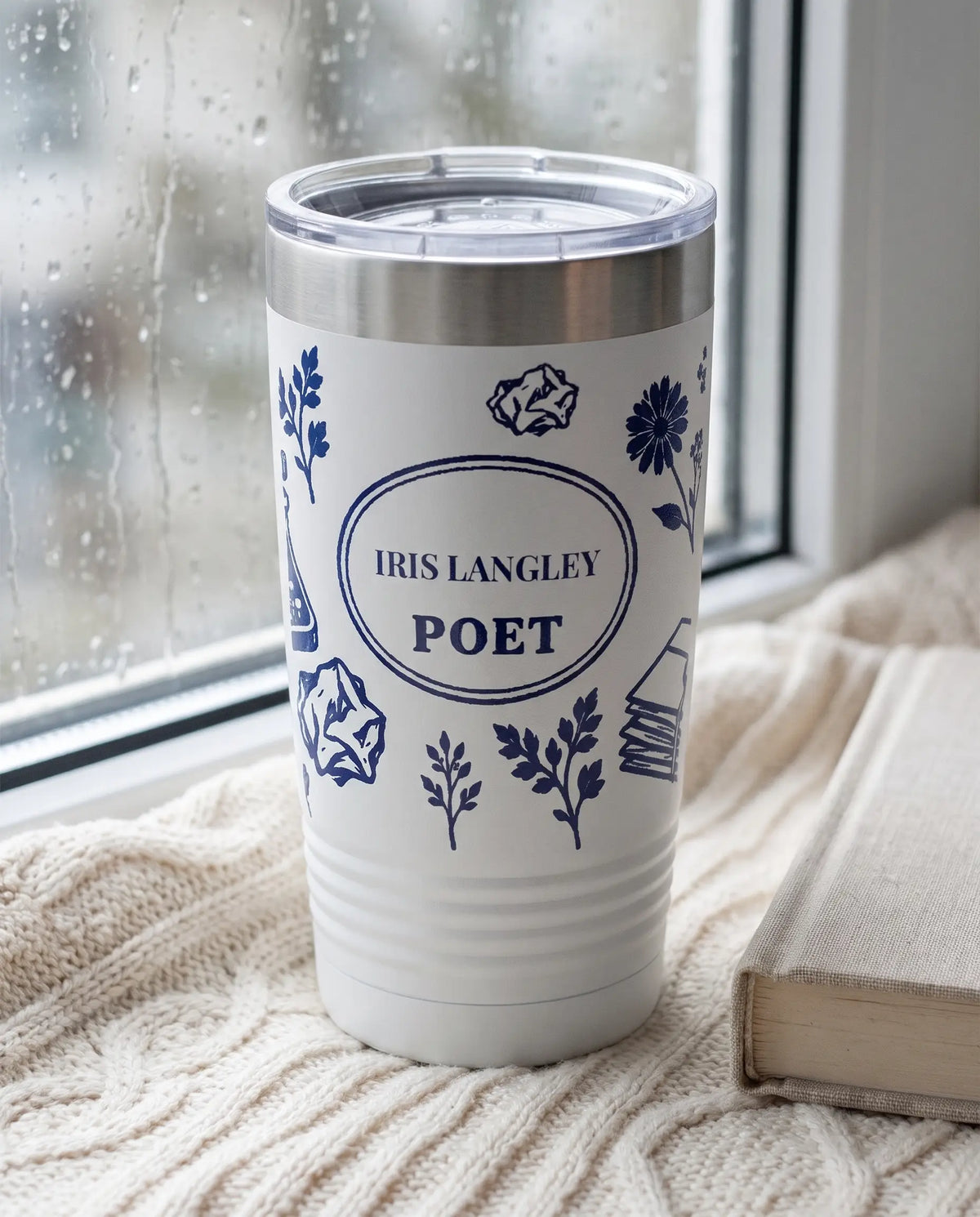 Poet Typewriter on a white 20oz Ringneck tumbler, UV printed by Karved
