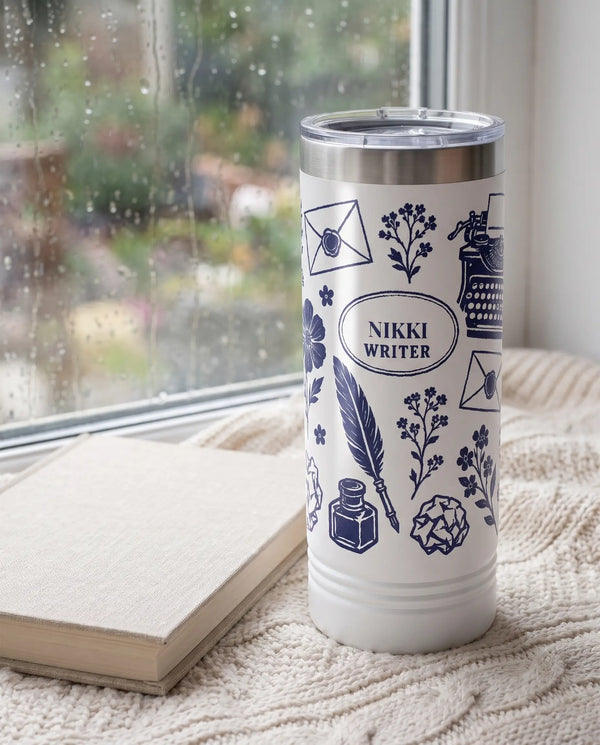 Writer Florals Skinny on a white 22oz skinny tumbler, UV printed by Karved