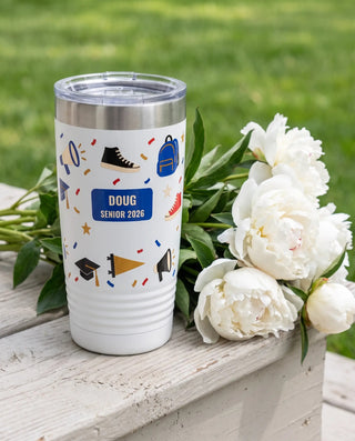 Senior Year 2026 on a white 20oz Ringneck tumbler, UV printed by Karved