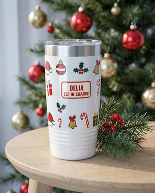 Elf in Charge Candy Cane Christmas on a white 20oz Ringneck tumbler, UV printed by Karved
