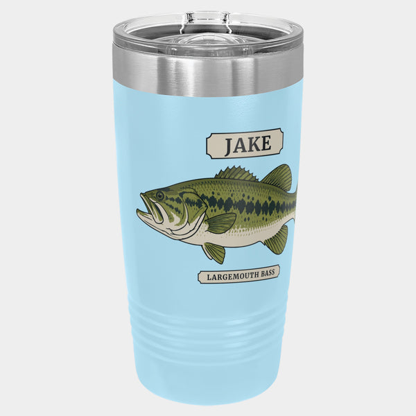 Field Guide Largemouth Bass, large print about 2.7 in tall (fish, name plate and label), 20oz Polar Camel Ringneck tumbler in Light Blue, olive and green inks, name JAKE; cup turned to show the head and name plate, the tail runs round the side