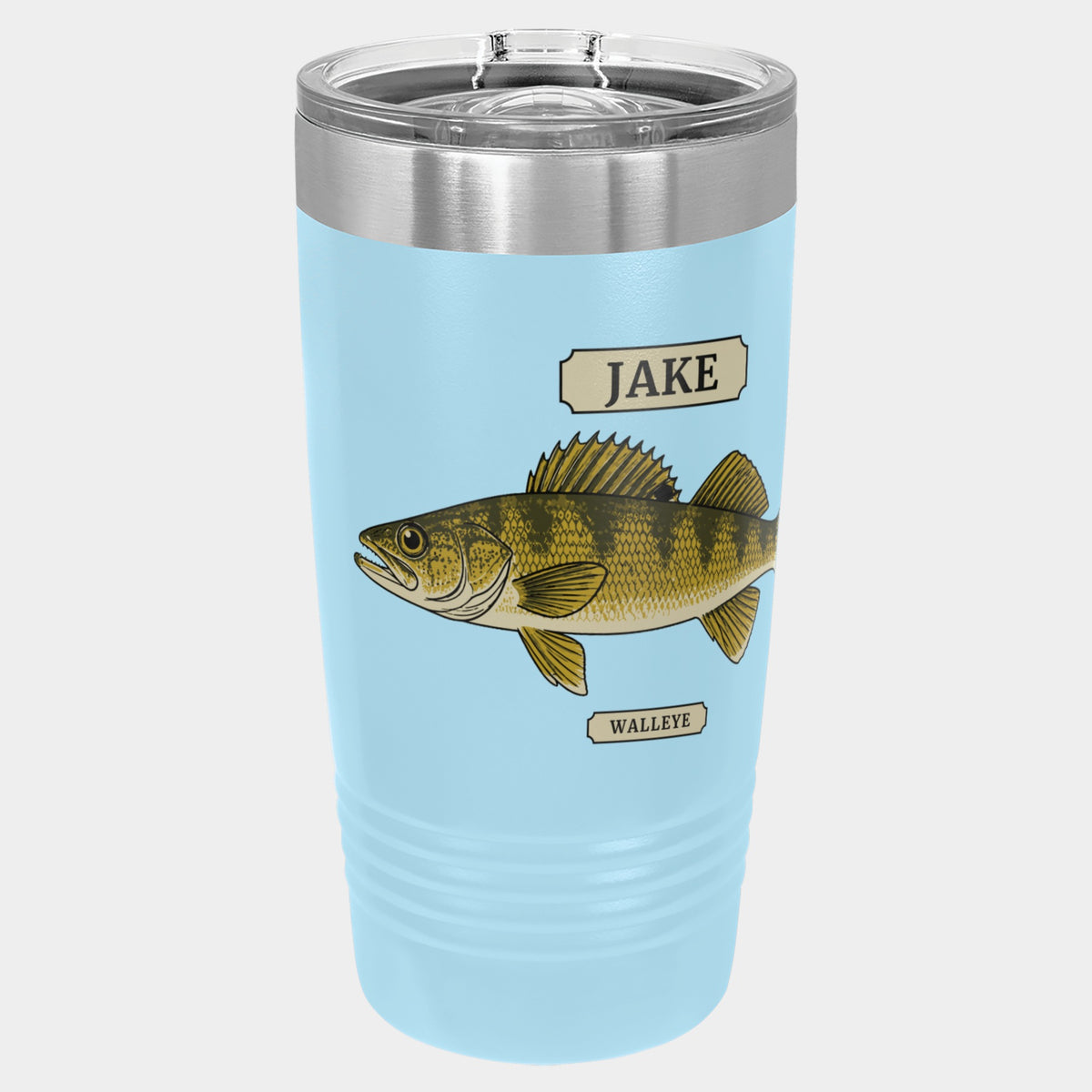 Field Guide Walleye, large print about 2.7 in tall (fish, name plate and label), 20oz Polar Camel Ringneck tumbler in Light Blue, olive and gold inks, name JAKE; cup turned to show the head and name plate, the tail runs round the side