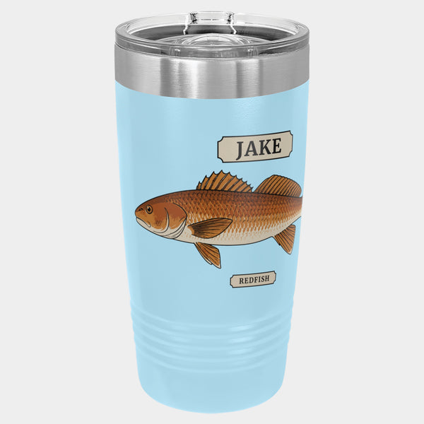 Field Guide Redfish, 20oz Polar Camel Ringneck tumbler in Light Blue, copper and orange inks, name JAKE
