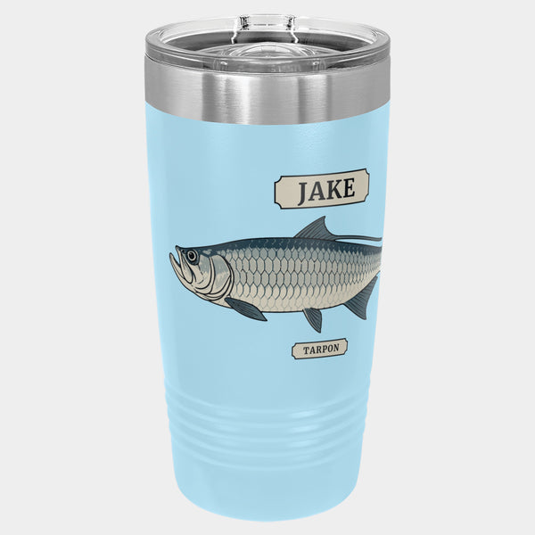 Field Guide Tarpon, 20oz Polar Camel Ringneck tumbler in Light Blue, gray and slate blue inks, name JAKE