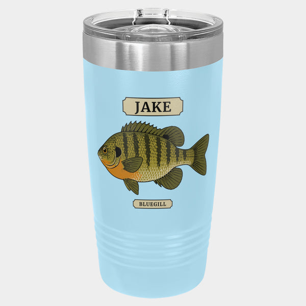Field Guide Bluegill, 20oz Polar Camel Ringneck tumbler in Light Blue, olive and orange inks, name JAKE