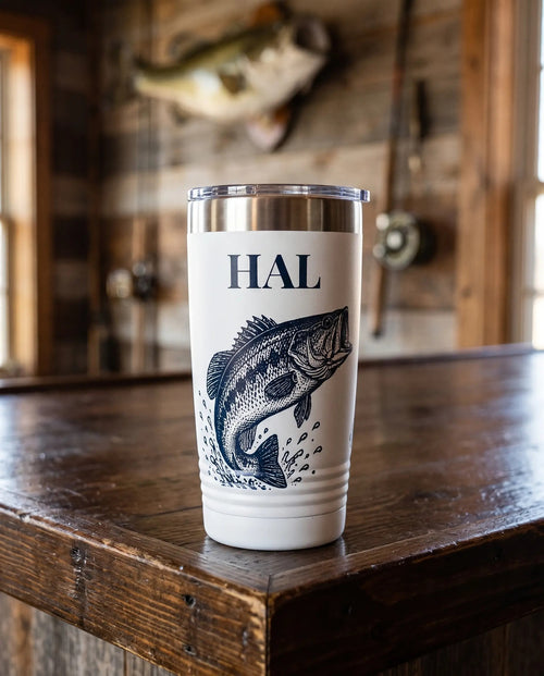 Engraved-Look Trophy Catch art printed around a 20oz Ringneck tumbler in White, sample name HAL