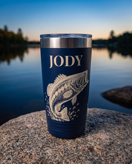 Engraved-Look Trophy Catch art printed around a 20oz Ringneck tumbler in Navy, sample name JODY