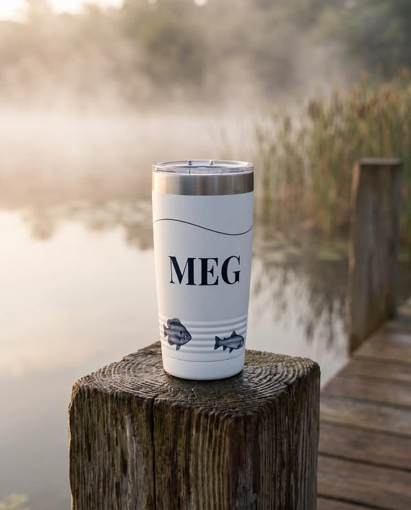 Engraved-Look Fishing Line art printed around a 20oz Ringneck tumbler in White, sample name MEG
