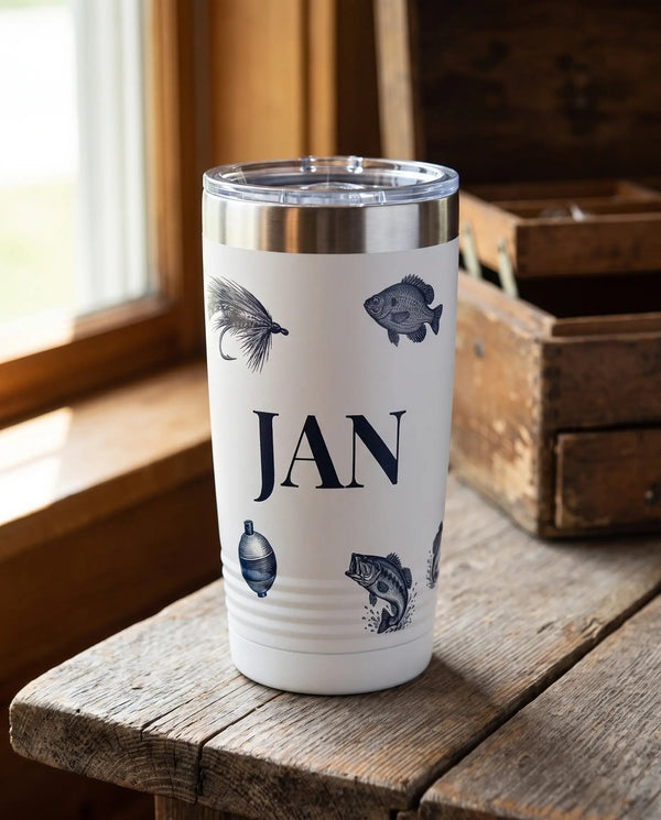Engraved-Look Tackle Toss art printed around a 20oz Ringneck tumbler in White, sample name JAN