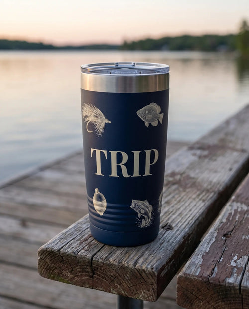 Engraved-Look Tackle Toss art printed around a 20oz Ringneck tumbler in Navy, sample name TRIP