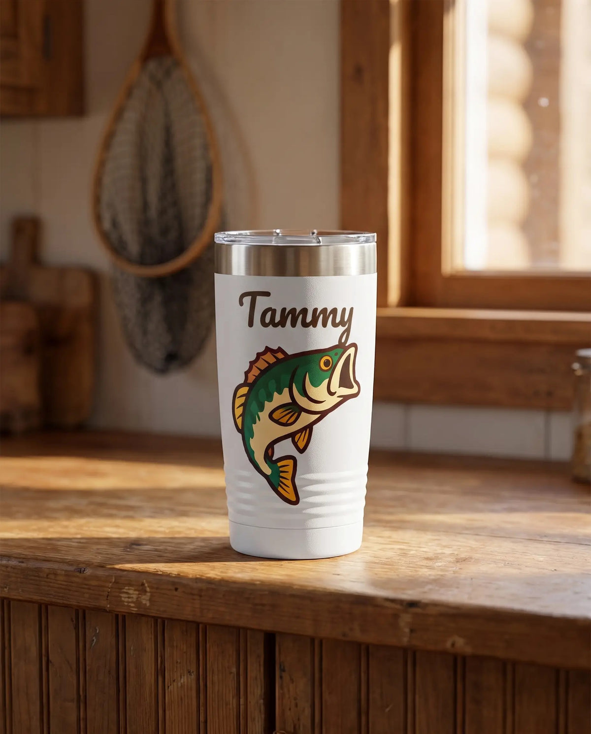 Retro Trophy Catch art printed around a 20oz Ringneck tumbler in White, sample name TAMMY