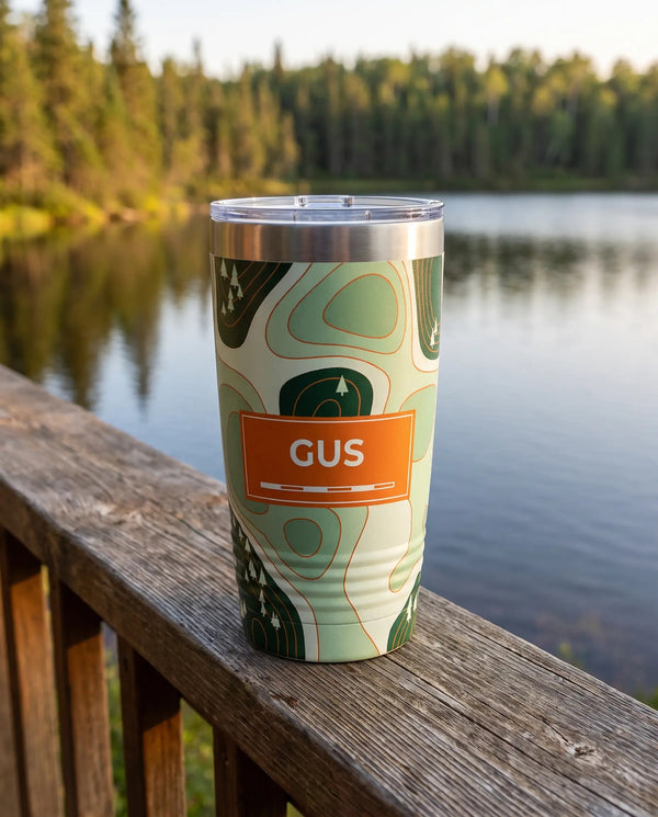 Lake Topo Map, Sage art printed all the way around a 20oz Ringneck tumbler, sample name GUS