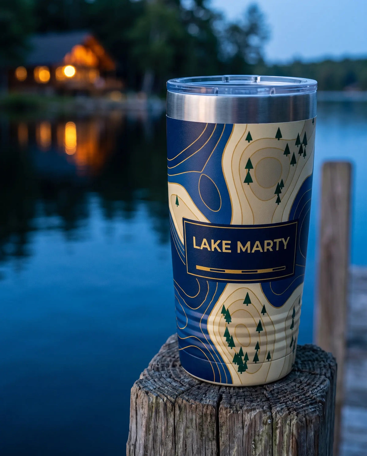 Lake Topo Map, Navy art printed all the way around a 20oz Ringneck tumbler, sample name LAKE MARTY