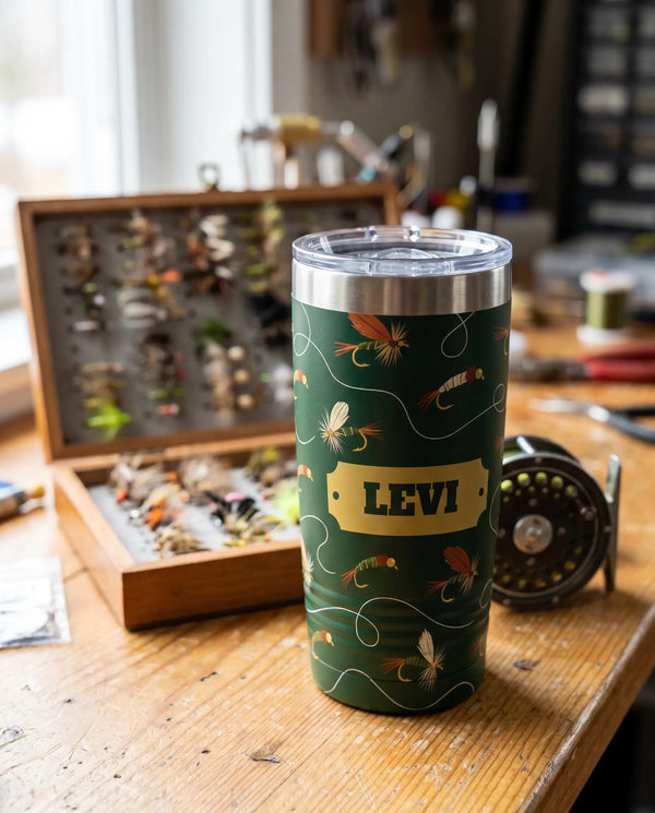 Fly Box Pattern art printed all the way around a 20oz Ringneck tumbler, sample name LEVI
