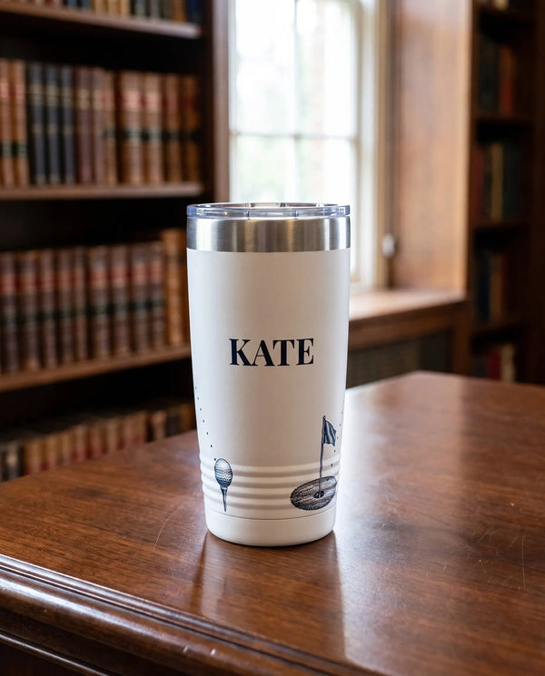 Engraved-Look Long Drive art printed around a 20oz Ringneck tumbler in White, sample name KATE