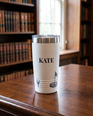 Engraved-Look Long Drive art printed around a 20oz Ringneck tumbler in White, sample name KATE