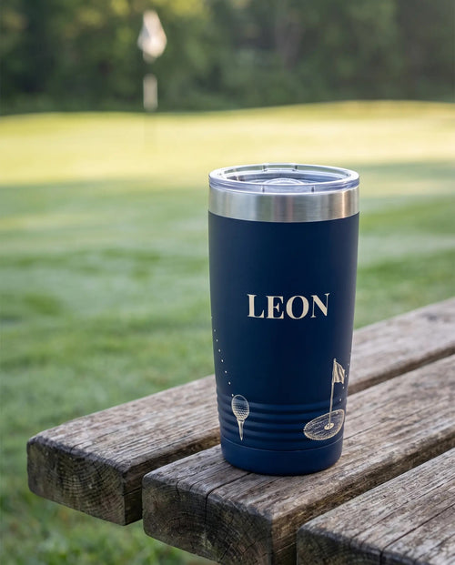 Engraved-Look Long Drive art printed around a 20oz Ringneck tumbler in Navy, sample name LEON