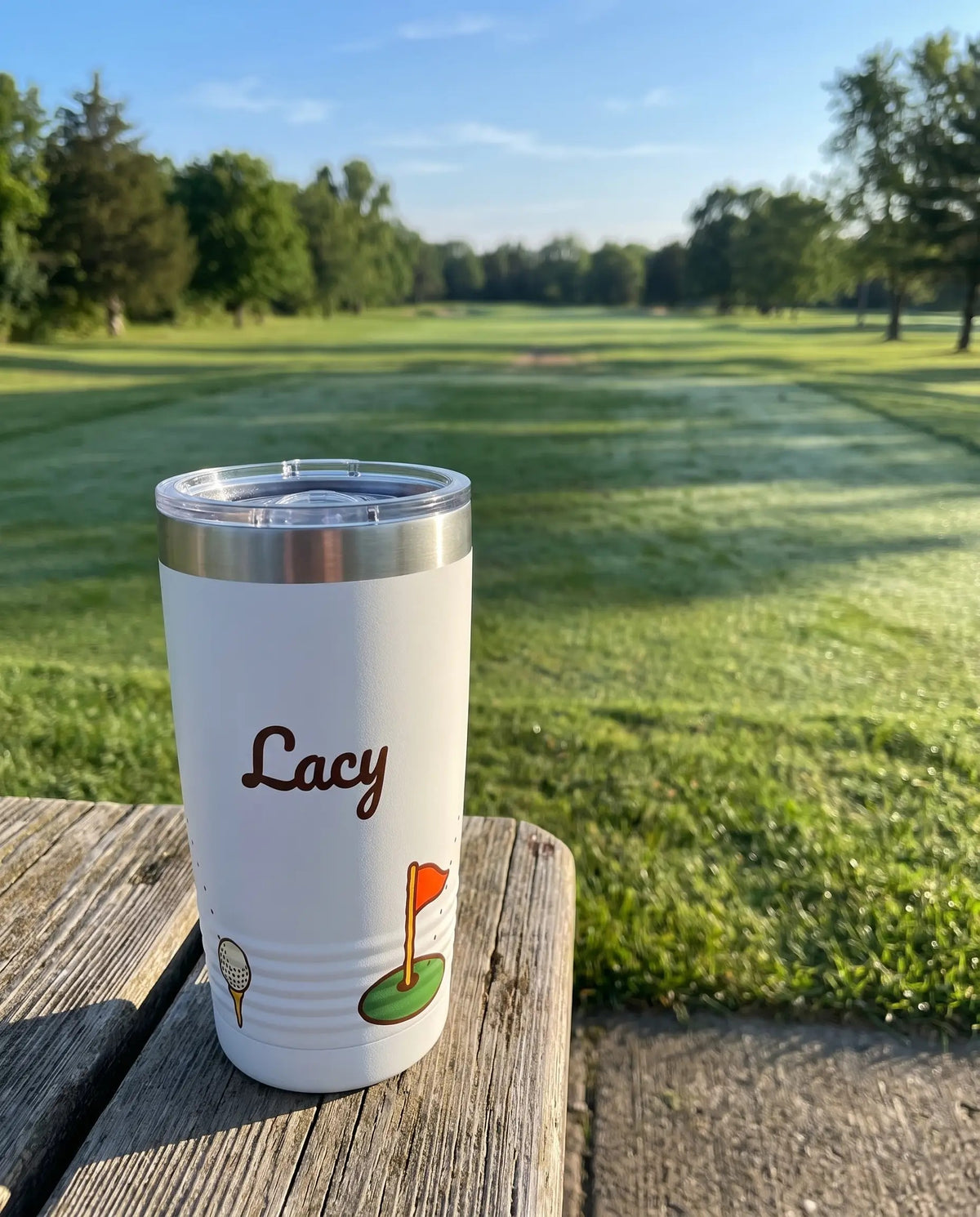 Retro Long Drive art printed around a 20oz Ringneck tumbler in White, sample name LACY