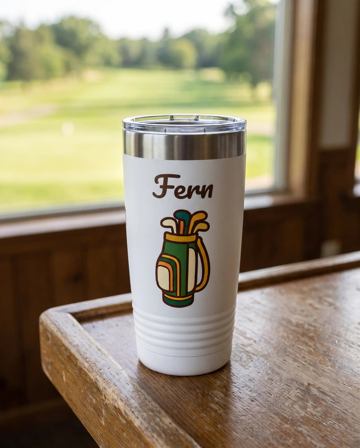 Retro Clubhouse art printed around a 20oz Ringneck tumbler in White, sample name FERN