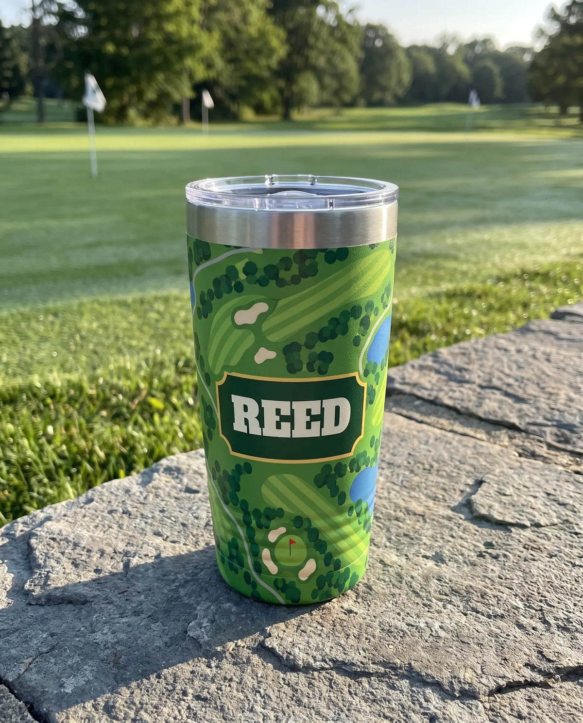 Yardage Book, Parkland art printed all the way around a 20oz Ringneck tumbler, sample name REED