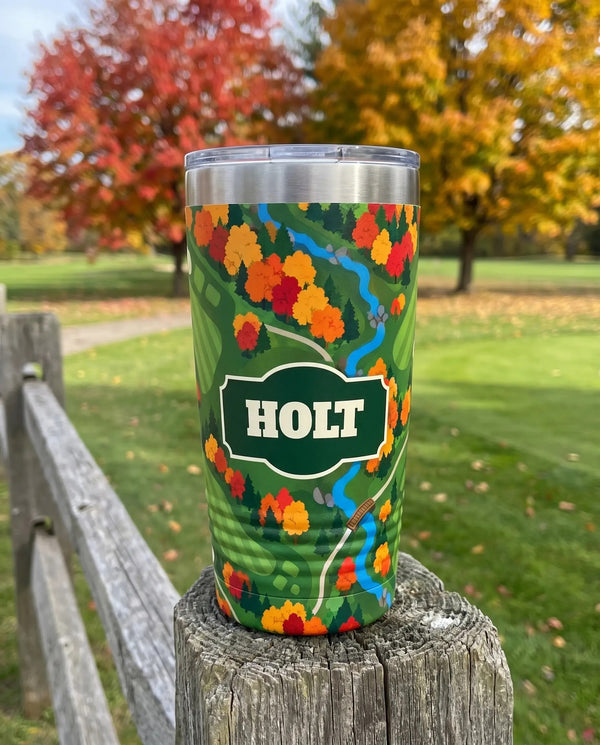 Yardage Book, Autumn art printed all the way around a 20oz Ringneck tumbler, sample name HOLT