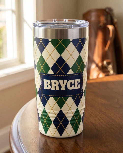 Argyle art printed all the way around a 20oz Ringneck tumbler, sample name BRYCE