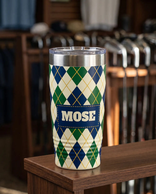 Argyle art printed all the way around a 20oz Ringneck tumbler, sample name MOSE